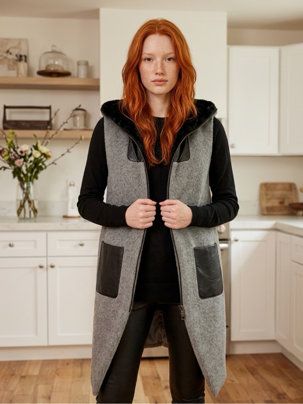 Women's Gray Longline Vest with Black Trim